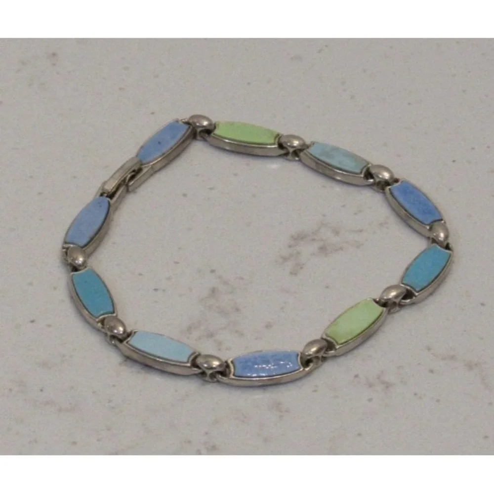 Silver Tone Enameled Link Bracelet Blue Green Preppy Coastal Cowgirl Fairy Boho‎
